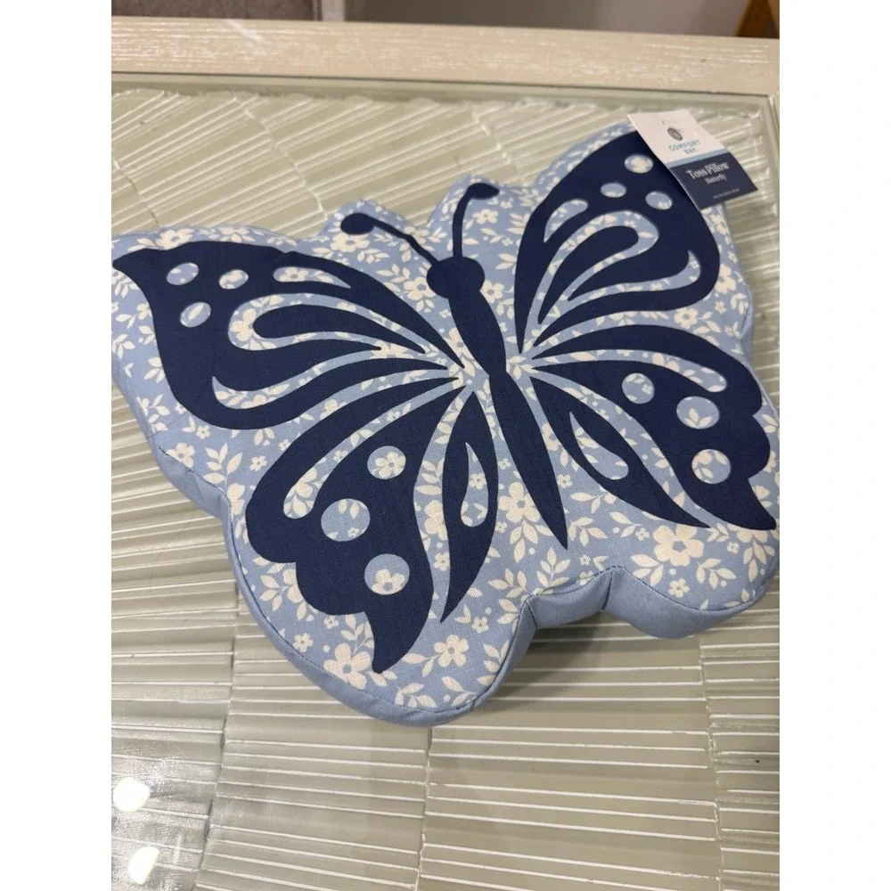 Blue Butterfly Toss Pillow Shaped Decorative Accent Cushion Floral NWT